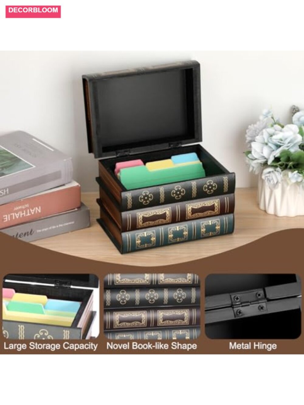 Wooden Index Card Holder 4x6 Book Shaped Vintage Desk Organizer Storage Box - Picture 4 of 6